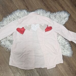 Pink Button Down Shirt with Patchwork Heart Accents